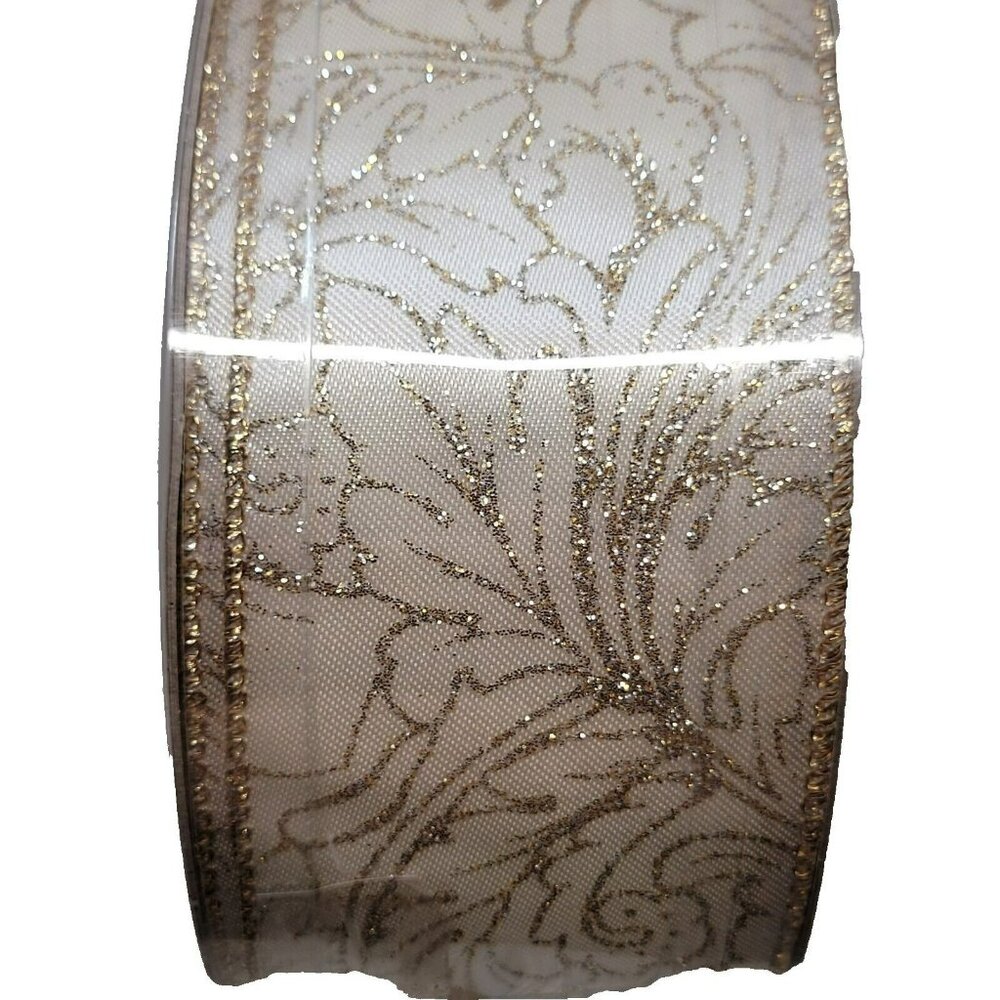 SWC‎ Wired Ribbon 50 Yards Cream Gold Glitter Floral Scroll 2.5 Inch Designer